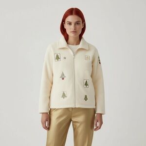 Women’s Christmas Fleece Zip Up Jacket Cream Embroidered Holiday Trees